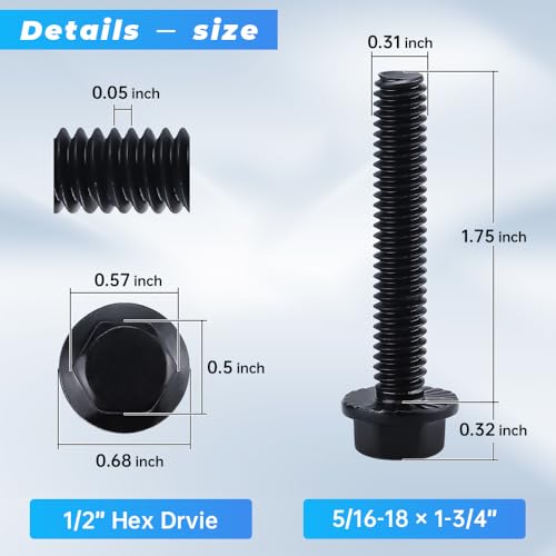Image of Glvaner 5 /16-18 x 1-3 /4 inch (10 pcs) Stainless Steel Serrated Flanged Hex Head Bolts Bolts, 18-8 (304) Stainless Steel, Full Thread, Black Coated