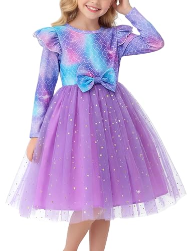 JiAmy Mädchen Kleider Rüschenärmel Langarm Fischschuppenmuster...