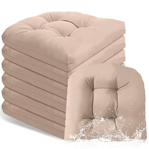 Cushions Set Of 6 Waterproof Sun Protection Square Tufted Overstuffed Patio Furniture Seat Cushion For Patio Furniture Dining Indoor 19" X 19"(khaki)