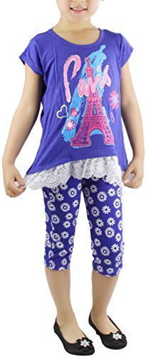 Image of ToBeInStyle Girl's 2 Piece Outfit Top & Leggings Set Casual Graphic Shirt Capri Pants