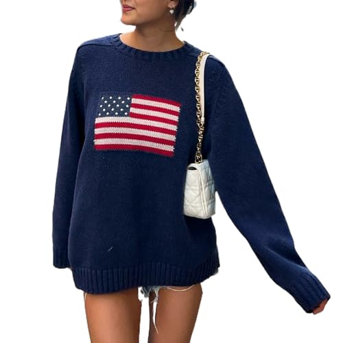 Image of Women's American Flag Sweater Vintage Star Print Long Sleeve Crew Neck Sweater Top 4th of July Knit Top