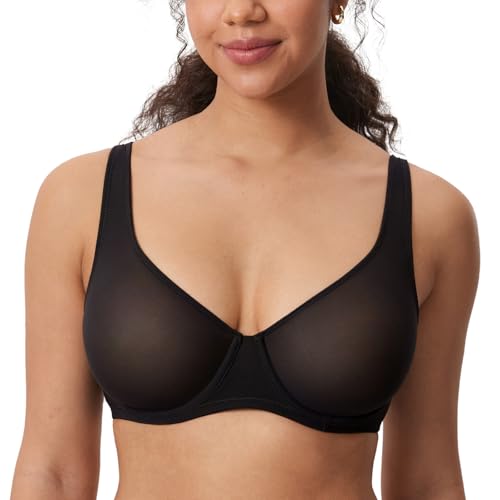 DELIMIRA Women's Cosnufy Sheer Balconette Bra Full Coverage See Through Plus Size Unlined Underwire Bras
