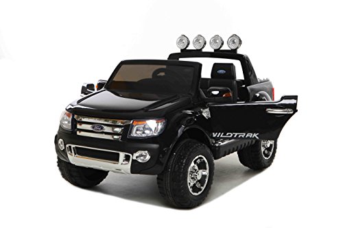 Ford Ranger Wildtrak de luxe Voiture-jouet électrique pour enfant, DEUX MOTEURS, deux sièges en cuir, Roues EVA douces, noir, licence Ford originale
