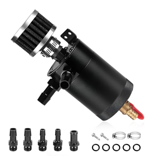 ZNDAW Oil Catch Can Kit, 2-Port Oil Separator Reservoir Tank with Breather Filter Drain Valve, Universal 150ml Billet Aluminum Baffled Catch Can with 5 Adapters, Car Accessories