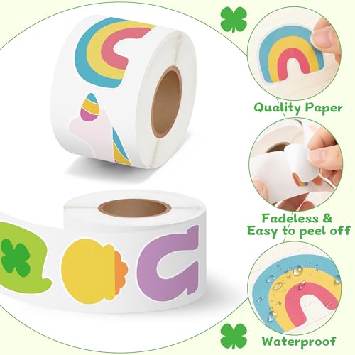 Image of St. Patrick's Day Sticker Roll - 1000 Pcs St. Patrick's Day Waterproof Vinyl Reusable Laptop Stickers Coloring Book Scrapbook Water Bottle Page Activity Pad Birthday Party Favors Skateboard