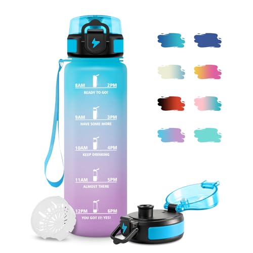 Botella de Agua Gimnasio 1L Cantimplora con Filtro, Fácil de Abrir, Reutilizable, Botella Agua Motivadora y Prueba de Fugas, Cantimplora para Niños, Adulto, Escuela, Bicicleta, Senderismo, Yoga