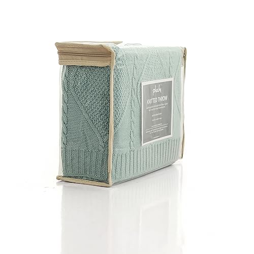 Image of Pluchi Cable Moss Cotton Knitted All Season AC Throw Blanket 125cm x 150cm (49 inch x 59 inch) Dull Blue