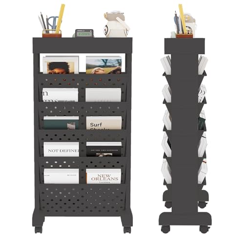 Image of 6 Tier Rolling Utility Cart Multi-Functional Movable Storage Book Shelves with Lockable Casters for Study Office Classroom, Black