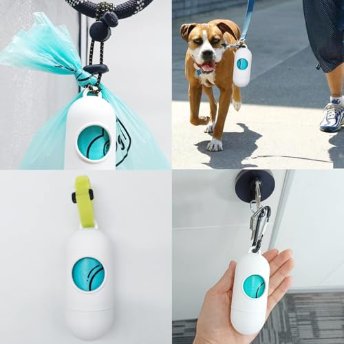 Image of 2 Pack Dog Poop Bag Holder with 2 Rolls of Blue Leak-Proof Dog Waste Bags Poop Bag Dispenser with Leash Clip Key Ring Poop Bag Holder with Adjustable Straps and Elastic Rope(White,2 Holder 30 Bags)