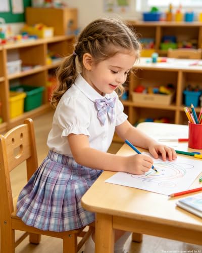 Image of Betusline Girls Skirt Set JK School Uniform 2-Piece Outfit - Short Sleeve Shirt with Bow & Pleated Skirt 4T-14Y