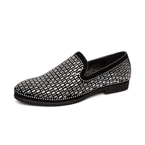 Men's Shiny Rhinestone Low Heel Smoking Slippers Comfortable Round Toe Modern Metal Non-Slip Slip-On Classic Party Wedding Loafers
