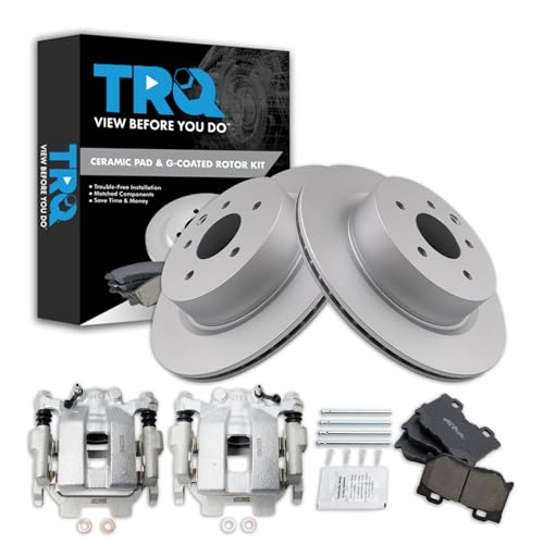 Image of TRQ Rear Brake Pad and Rotor Set Ceramic G Coated Rotors Calipers | For 2011-2013 Infiniti G37 2010-2017 Nissan 370Z