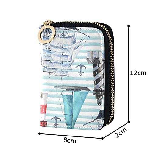 Boats Ships Vessels Nautical Acnhors Light House Credit Card Coin wallet, RFID Blocking Compact Women Leather Card Holder, Key Change Organizer, Zipper Purse Clutch Pouch Pocket4