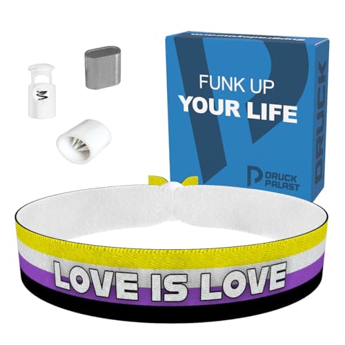 Druck-Palast Non-Binary – Love is Love Stoffarmband weiß – LGBTQ Accessoire – Satin-Band für Vielfalt – Pride Armband – Handgemachtes Band – Symbol für Akzeptanz und Liebe