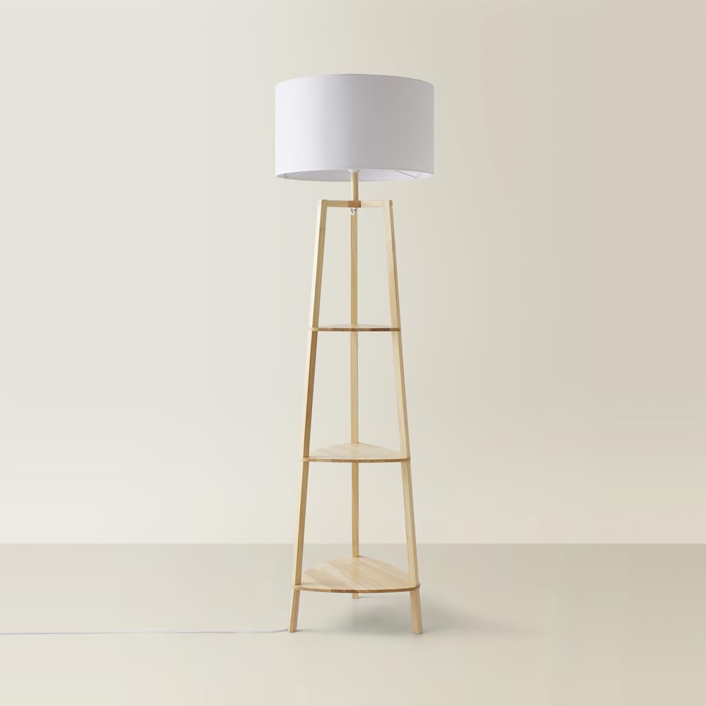 MiniSun | Natural Wooden 3 Tier Floor Lamp with Storage Shelves and White Shade | Floor Lamps & Torchieres, Home Décor & Improvement Essential | Includes 6W LED E27 Light Bulb