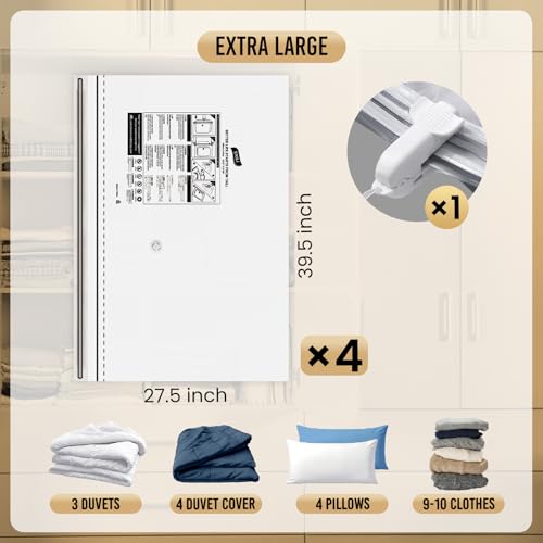 Image of TAILI 4 Pack Vacuum Storage Bags, Jumbo LONG SIDE ZIP(39x28 inch), Clear | Vacuum Seal Bags for Clothing, Space Saver for Beddings, Comforters, Blankets, Pillows