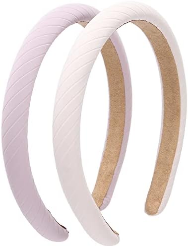 MASNDR 2-3PCS Twill Wide Headband Thin Headbands, Solid Color Sponge Thick Hard Head Bands Non-slip Padded Headbands Fashion Hairband for Women Girls (0.6 in Twill White + Purple)