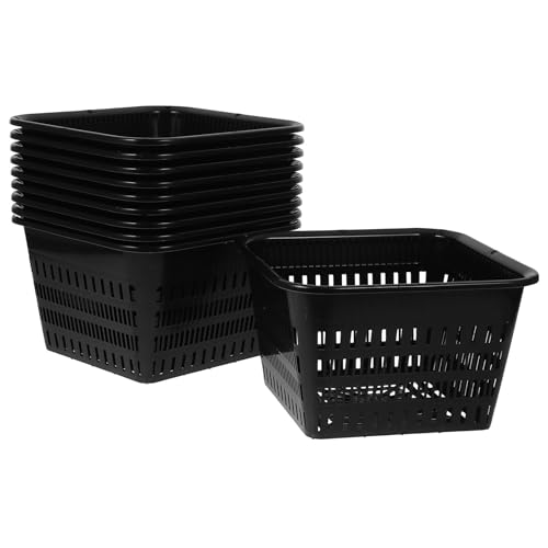 TOPPERFUN 10pcs Square Net Pots for Hydroponics - 7. 1in Heavy Duty Slotted Mesh Net Cups for Dwc System Large Plastic Orchid Pots with Holes - Black Wide Lip Bucket Insert