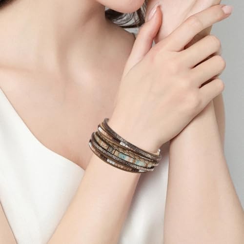 Leather Wrap Bracelets for Women, Colored Bracelets,Boho Leopard Multi-Layer Crystal Beads Cuff Bracelet Jewelry3