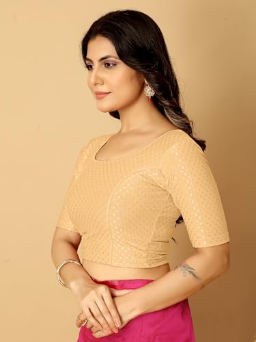 Image of Amazon Brand - Anarva Round Neck Dobby Cotton Lycra Stretchable Elbow Half Sleeve Readymade Saree Blouse for Women Stylish