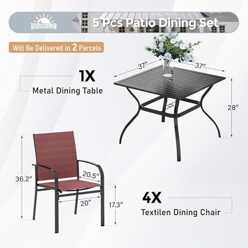 Image of SUNSHINE VALLEY 5pc Patio Dining Set, 37 inch Square Table & 4 Red Chairs