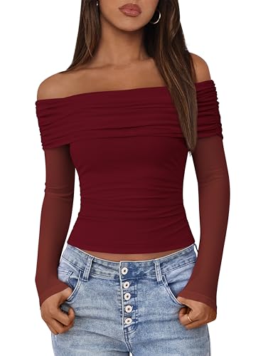 BTFBM Women's Long Sleeve Shirts 2025 Fall Crop Going Out Tops Mesh Ruched Casual Off Shoulder Blouses Y2K Clothes