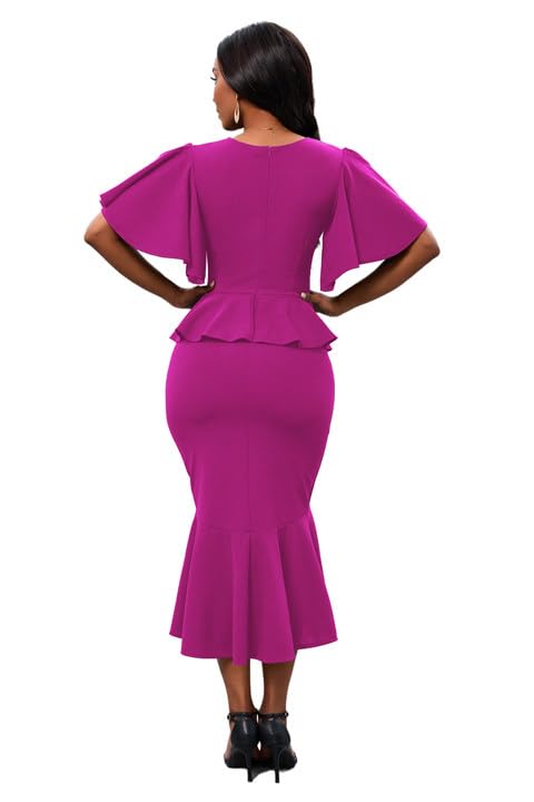 Image of Womens Summer Ruffle Short Sleeve Fishtail Dress Evening Cocktail Formal Peplum Midi Mermaid Dresses Elegant