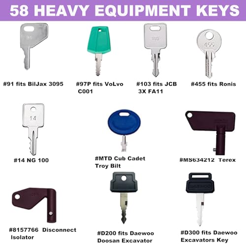 Image of 58 Heavy Equipment Key Master Set, Construction Ignition Key Heavy Machinery Fits Cat Caterpillar John Deere Komatsu Bobcat Kubota JCB Case Hyster Yanmar Daewoo Takeuchi New Holland