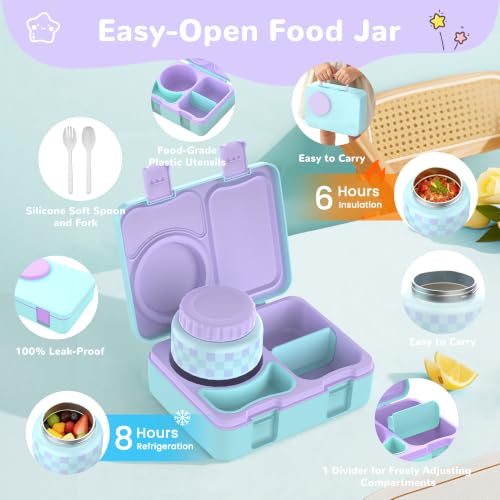 Image of Bento Box for Kids, Leakproof Kids Lunch Box with 8.5OZ Thermo Food Jar & Lunch Bag, 3-4 Compartments Toddler Insulated Lunch Box for Girls, BPA Free Lunch Containers for School Daycare