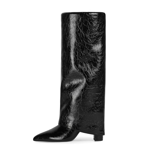 Image of Modatope Black Womens Boots Chunky Heel Fold Over Knee High Boots Pointed Toe Dress Fashion Tall Long Shark Boots Size 9