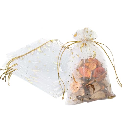 Image of YHJZ 100PCS Moon Star Organza Bags, 4x6 inches (10x15cm) Small Mesh Bags Drawstring, Jewelry Gift Bags for Wedding, Party, Festival, Makeup (White)