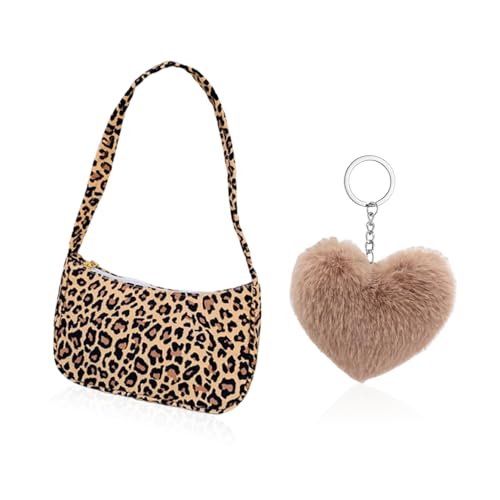 CVFRTT 1 Achseltasche Mit Leopardenmuster Und 1 Herzförmiger Anhänger, Modische Handtasche, Damenhandtasche, Kompakte Umhängetasche, Bekleidungszubehör
