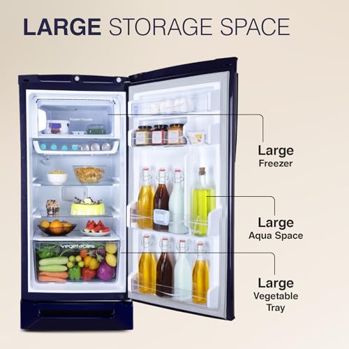 Image of Godrej 202 L 4 Star Advanced Inverter, Jumbo Vegetable Tray Direct Cool Single Door Refrigerator Appliance With Base Drawer(RD 210D TDI MN BL, Marine Blue)