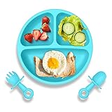 Baby Suction Plate with Self-Feeding Spoon Fork - BPA Free Infant Newborn Utensil Set for Self-Training, Suction Plates for Babies Toddlers, Dishwasher Microwave Safe (Blue)