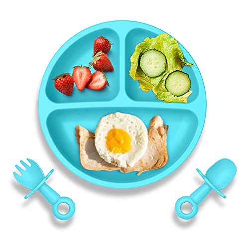 Baby Suction Plate with Self-Feeding Spoon Fork – BPA Free Infant Newborn Utensil Set for Self-Training, Suction Plates for Babies Toddlers, Dishwasher Microwave Safe (Blue)