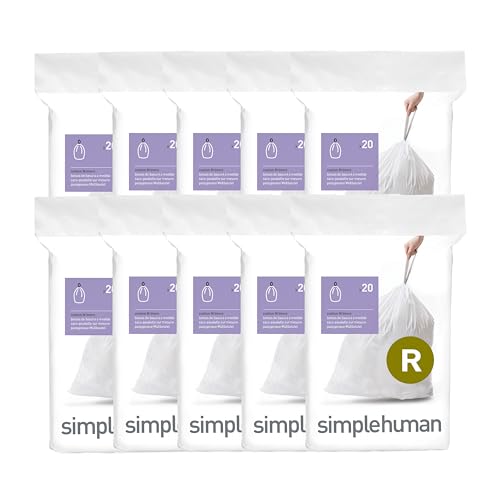 simplehuman Code R 200 Count Custom Fit Liners Drawstring Kitchen Trash Bags One-by-One Mess-Free Dispense Extra Thick & Double Seamed 50% PCR Plastic 9-10 Liter / 2.6 Gallon White