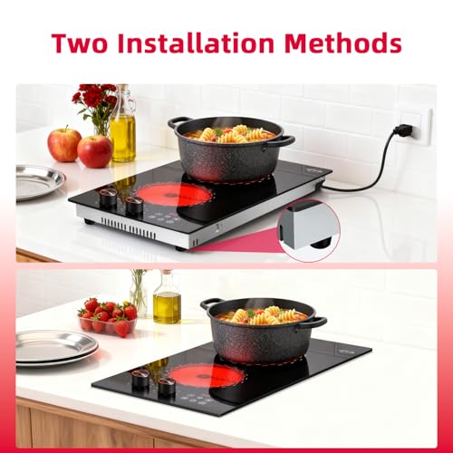 Image of 2 Burner Electric Cooktop 110v Hobsir, 2000W Electric Stove Top Burner 12 Inch, 9 Power Levels, Knob & Touch Control, Plug in Cooktop 120v, 99 Mins Timer, Safety Lock, Automatic shutdown