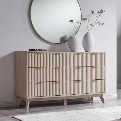 Image of T4TREAM Fluted 6 Drawers Dresser, 54 inch Wide Modern Chest of Drawers, Curved Profile Design, Dresser TV Stand, Wood Drawer Organizer for Bedroom, Living Room, Hallway, White Alder