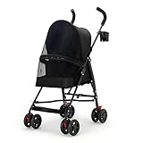 4 Wheels Pet Stroller, Foldable Dog Stroller for Small Pets, Cat Travel Jogger with Sun Canopy, Breathable Puppy Carrier Strollers, Lightweight Pet Pram with Storage Bag, Easy Fold Pets Buggy Black