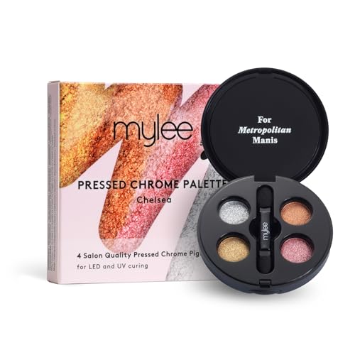 Mylee Pressed Chrome Nail Powder Palette [Chelsea] - 4 Chrome Shades (Gold Bronze Rose Gold Silver) Easy Application Mirror-Shine Finish Dual-Ended Applicator Included