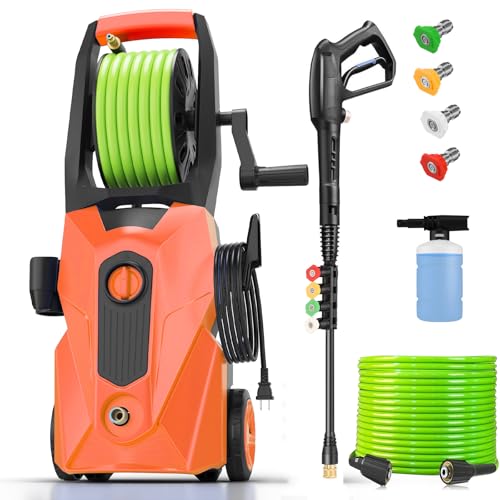 commowner 5000PSI Electric Pressure Washer, 2025 New Power Washer with 33FT Flexible Extension Pressure Washer Hose Reel, 4 Nozzles, Professional Power Washers for Home/Car(Orange)