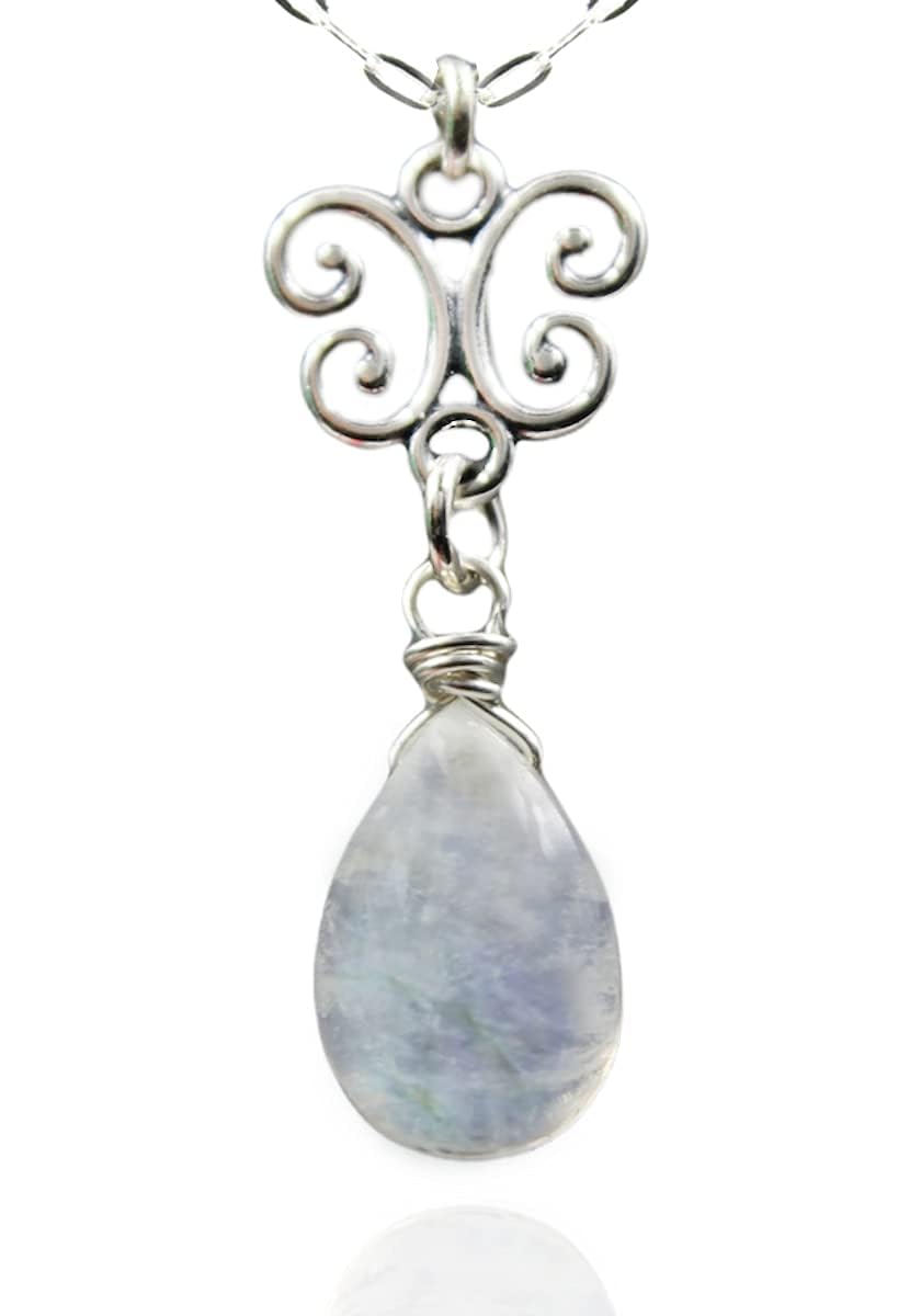 LND Natural Rainbow Moonstone Pendant, White Gemstone Necklace for Her, June Birthstone Jewelry, Teardrop, Gift For Women, 925 Sterling Silver, 18 Inch Chain (Butterfly)