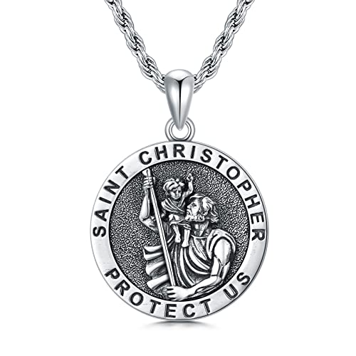 CEKAMA 925 Sterling Silver Patron Saint Medal Necklace For Men & Women Delicate Texture Protect Us Amulet Pendant With 20/22/24 Inches Chain Jewelry for Christmas Valentine Birthday