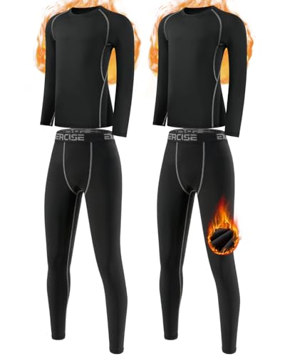 Orrfreer 2 Pack Kids Thermal Base Layer Set Boys Compression Sets Fleece Lined Long Sleeve Top & Bottom for Ski Sport Football Basketball Black/Black S
