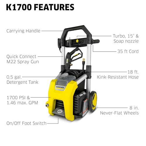 Image of Karcher Pressure Washer K1700, CETA Certified, 3 Spray Nozzles, Detergent Tank, for Cars, Driveways, Siding, Patios, 1.2 max. GPM