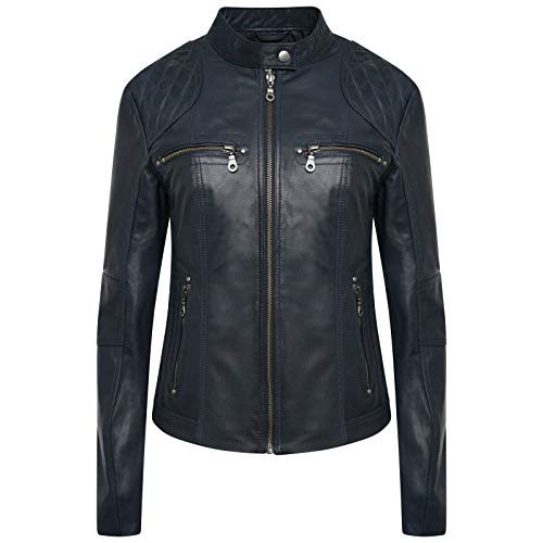 PAUL BERMAN Veste de motard en cuir véritable pour femme, bleu marine, 38