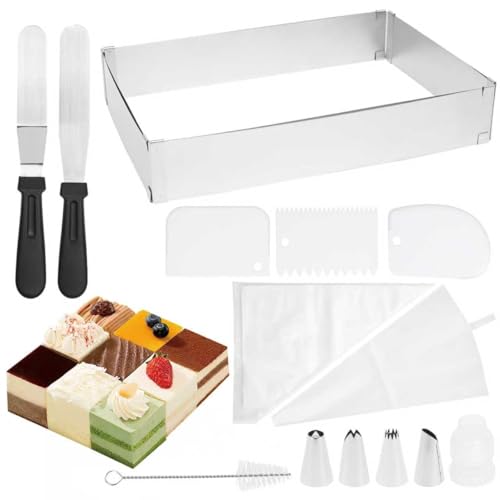 RUACDIQ Cadre Patisserie Rectangulaire, Cadre Patisserie Extensible avec 2 Spatule & Douille Patisserie Réglable Moule Gateau Carré pour petits et grands...