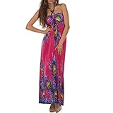 Strech Material Candygirls Sommer Maxikleid Bandeau Pfau Auge Feder Kleid Holz-Perlen Damen Strandkleid Tuchkleid Neu (Pink)
