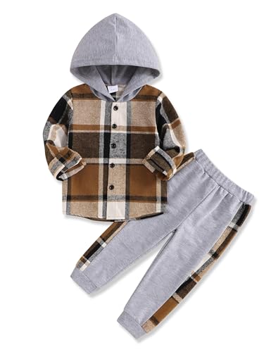 Image of Fuermos Toddler Baby Boys Clothes Flannel Lattice Button Down Hooded Tops +Pants Boys Fall Winter Outfits