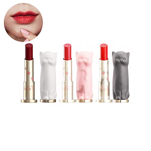 Hilai 3 Colors Lipsticks Set Adorable Cat Lipstick Long-lasting Moisturizing Lips Matte Lipstick Non-stick Cup Waterproof Gloss Long Lasting Lipstick Makeup Set